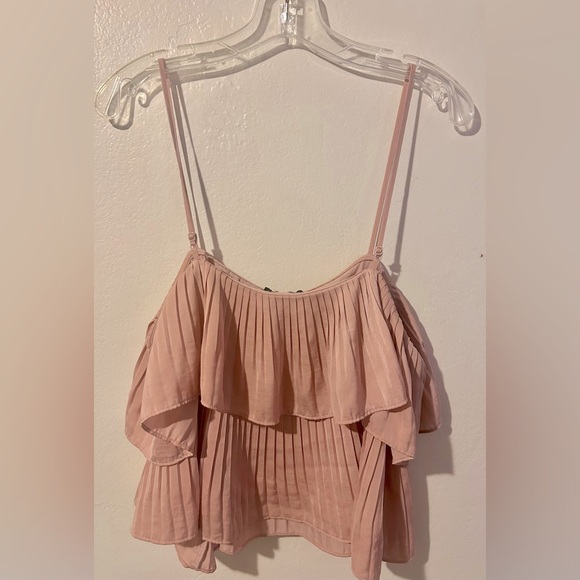 Express Blush Pink Spaghetti Strapped Tiered Pleated Satiny Babydoll Crop Top - Picture 2 of 4